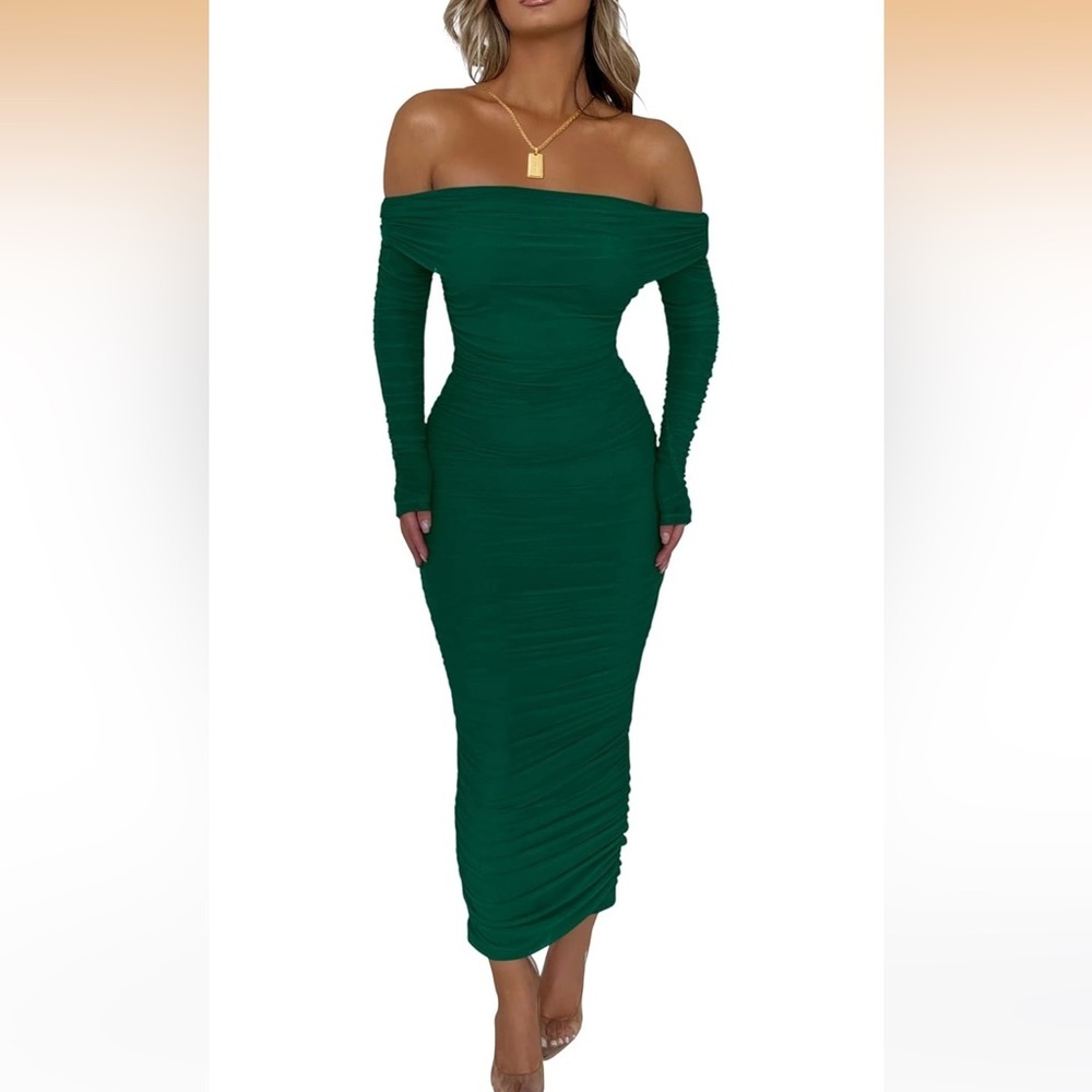 294. PrettyGarden Chic Off-Shoulder Emerald Green Long Sleeve Dress